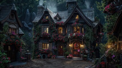 A charming, flower-adorned cottage nestled in a lush forest, evoking a whimsical, fairy-tale atmosphere.