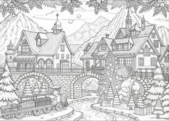 Obraz premium Detailed Winter Village Scene with Snow-Covered Houses for Coloring Books