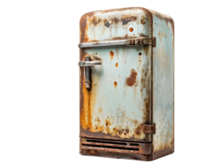 Old rusty refrigerator isolated on transparent background.

