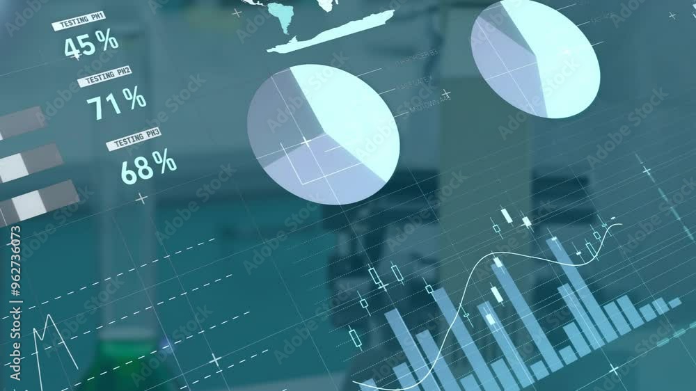 Poster animating financial data charts and graphs over office background