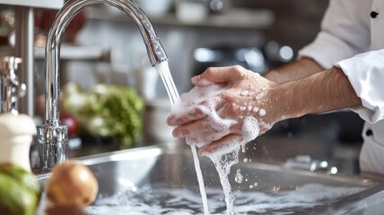 Close-up of a chef washing hands at a kitchen sink, photo-realistic detail, hand hygiene, kitchen cleanliness