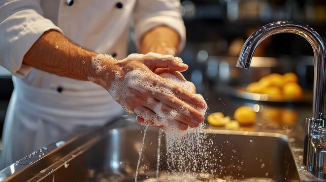 Close-up of a chef washing hands at a kitchen sink, photo-realistic detail, hand hygiene, kitchen cleanliness
