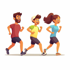 Three cartoon characters jogging together in a cheerful manner.