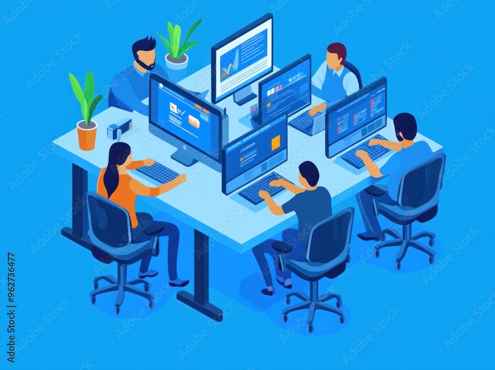 Poster team of workers working on computers in an office