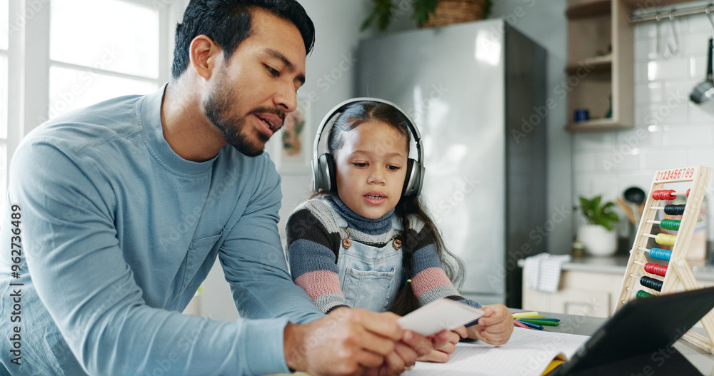 Poster tablet, education and dad with girl in home for online learning, school project or math lesson. fami
