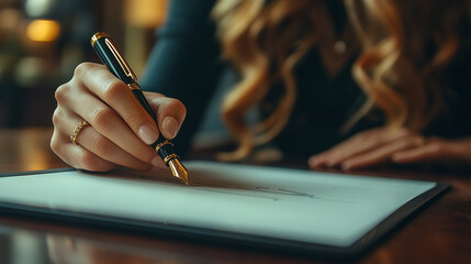 woman’s hand signing a digital document on a tablet, symbolizing remote work, digital innovation, and flexibility in modern work environments. Represents efficiency, technology, and productivity