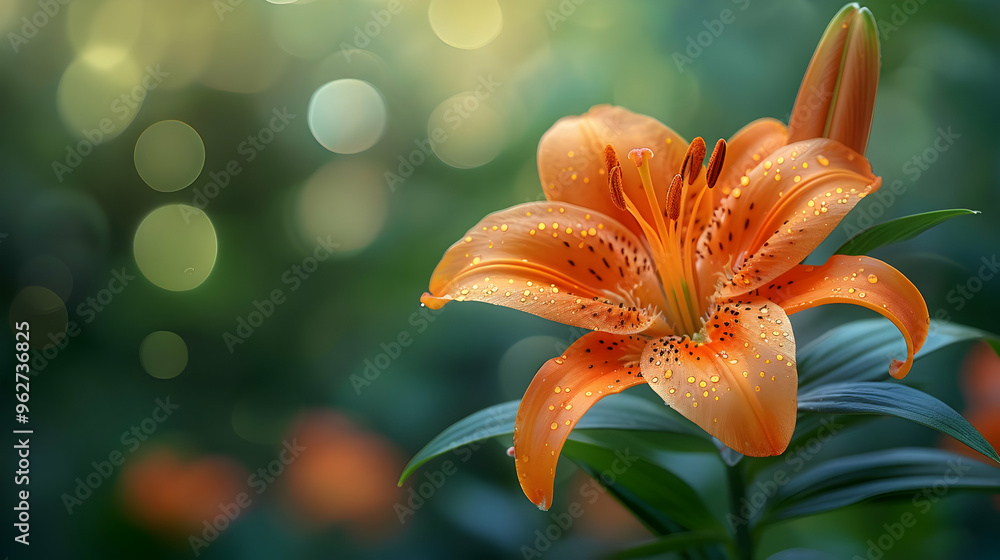 Wall mural Orange Lily Flower with Dew Drops on Petals -  Macro Photography