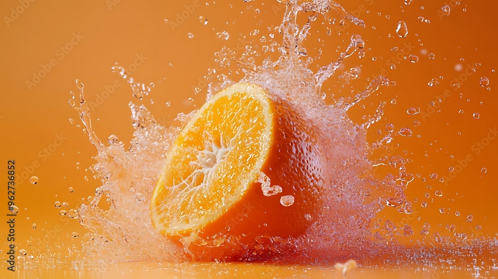 Wall mural Fresh Orange Slice Splashing in Water on Orange Background