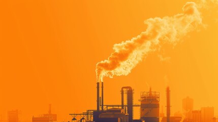 Industrial smoke billows from factory chimneys into a vibrant orange sky, highlighting the stark contrast between nature and human activity. The image serves as a powerful visual reminder of the