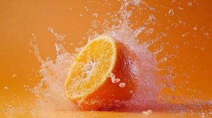 Fresh Orange Slice Splashing in Water on Orange Background