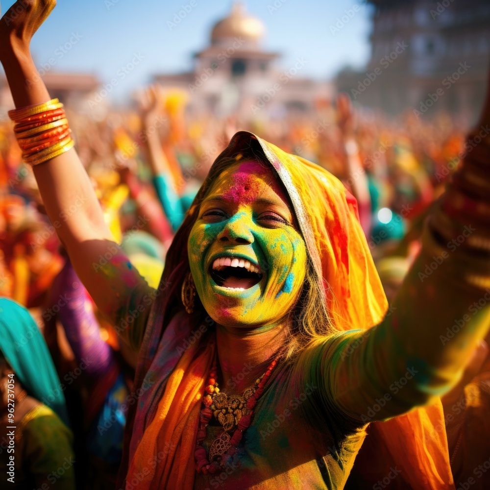 Wall mural A woman covered in colorful powder celebrates a festival. AI.