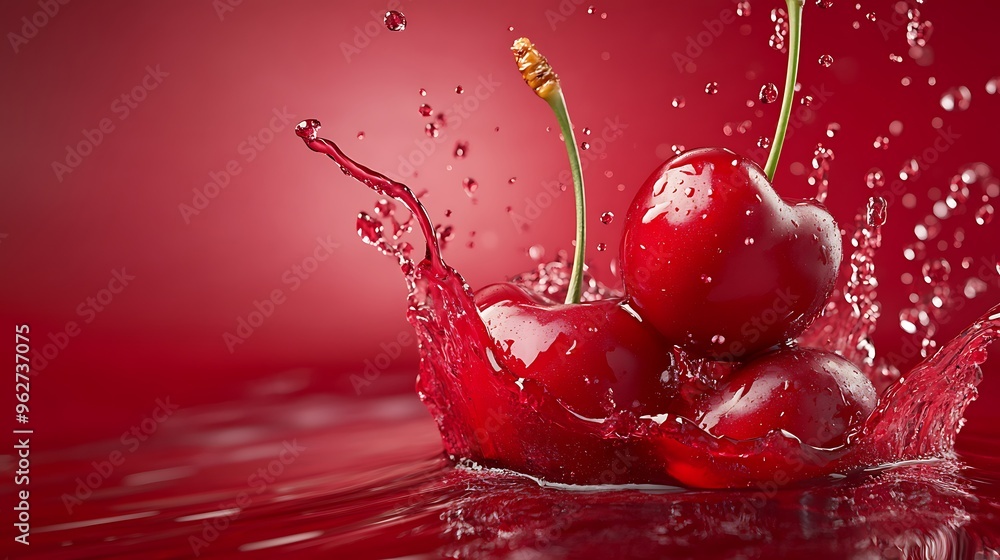 Poster Red Cherries Splashing in Cherry Juice