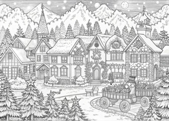 Detailed Winter Village Scene with Snow-Covered Houses for Coloring Books