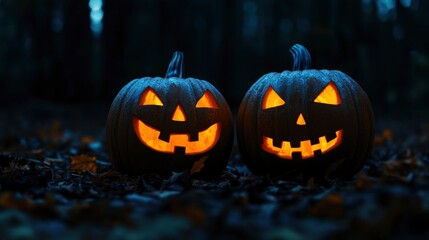 Obraz premium Scary Pumpkins glow at night. Halloween picture on a black background. Fear and the holidays concept with generative ai