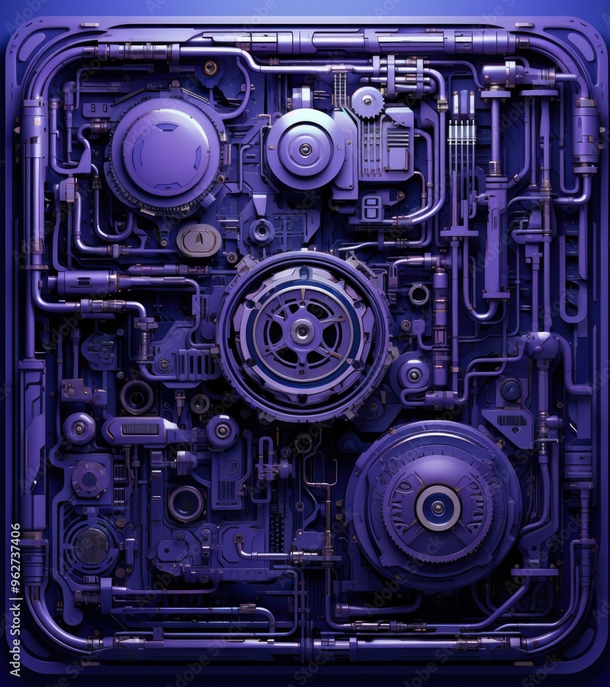 Poster a complex machine with intricate gears and pipes. ai.