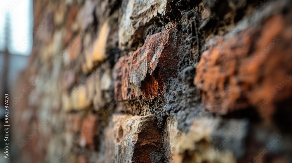 Poster a close-up view of a textured brick wall showcasing its colors and patterns.