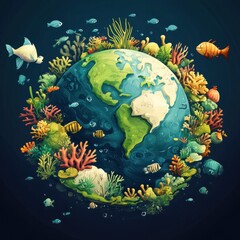 A world map with a planet surrounded by corals and fish. Earth day concept Illustration of the green planet earth. --v 6.1 Job ID: f1b2ea58-8178-464d-b416-9b987948a437