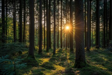 Fototapeta premium Observing the sun peeking through the trees in a forest is a serene experience, surrounded by terrestrial plants and a variety of shades of green and brown in the natural landscape, ai