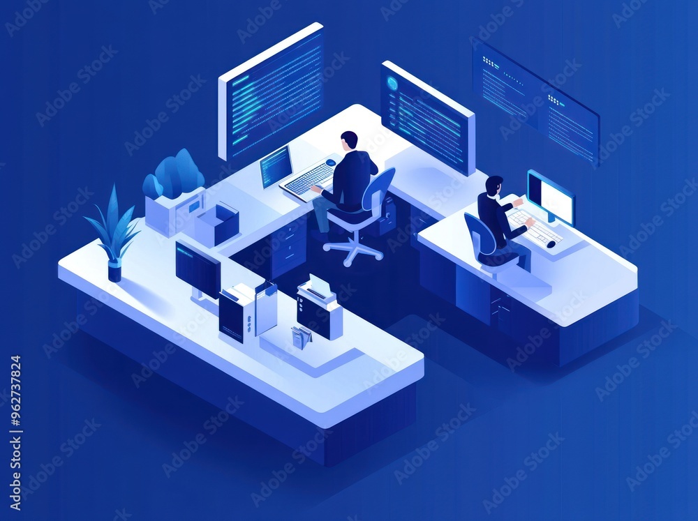 Poster programmers working on a project in an office environment