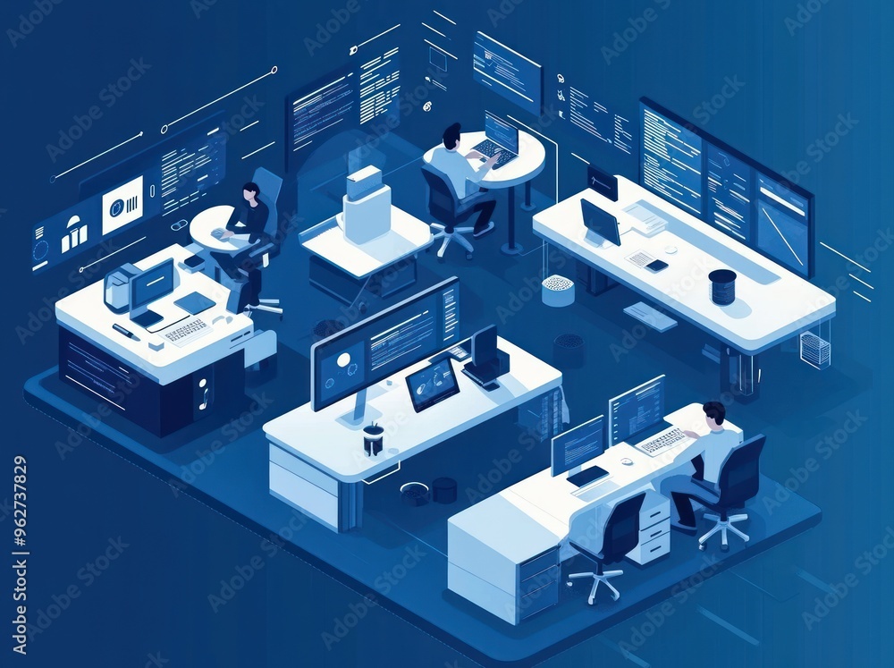 Poster programmers working in a modern tech office