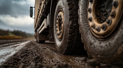 A close-up view of a truck's muddy tire on a rugged road under a cloudy sky.