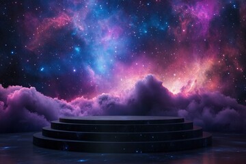 Sky Starry Universe Background,Black 3d Podium stand on Galaxy Space,Cloud with Nebula,Stars in Winter Night,Nature Stardust Milky way galaxy,Banner for Christmas,Black Friday with generative ai