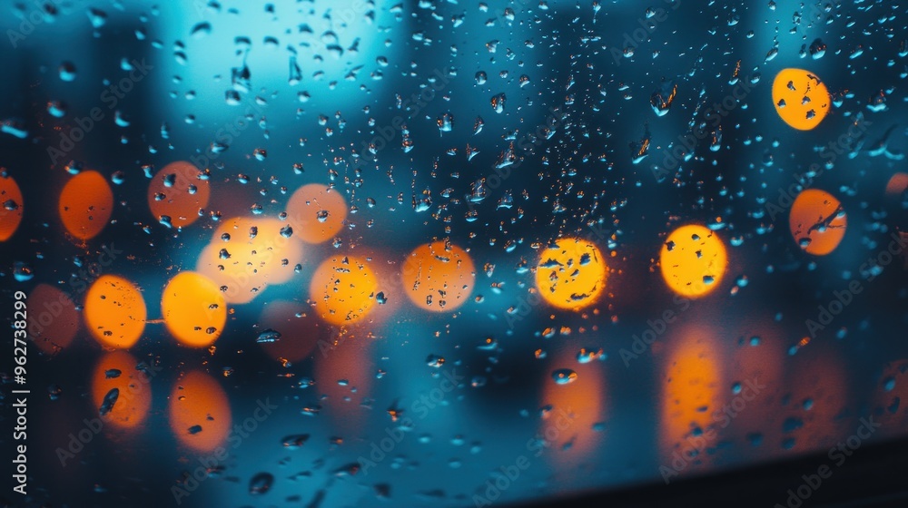 Poster a close-up view of raindrops on a window with blurred city lights in the background.