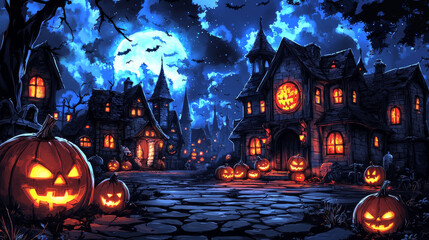Spooky Halloween night in a quaint town with jack-o-lanterns and a full moon.