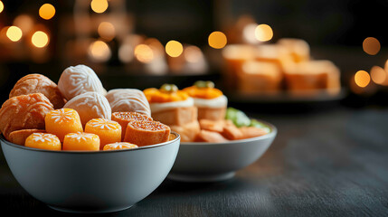 Modern Diwali sweets with unique sugar-free options, displayed in elegant bowls against a backdrop of Diwali lights and decorations, healthy Diwali sweets, modern festival treats