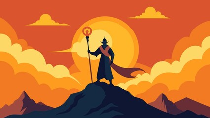 Silhouette of a Wizard Standing on a Mountaintop at Sunset