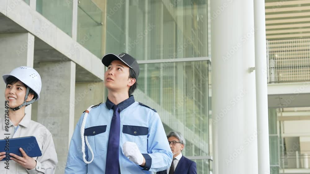 Poster ビルを点検する様々な職業の人々（エンジニア・警備員・ビジネスマン・研究者）