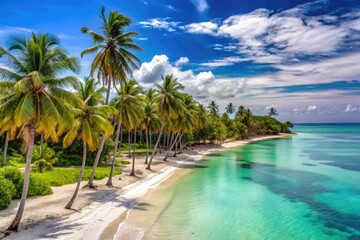 Fototapeta premium Tranquil Beach Scene Featuring A Pristine Coastline, Lush Palm Trees, And Calm Turquoise Waters, Showcasing The Idyllic Beauty Of Coco Beach, Tanzania.