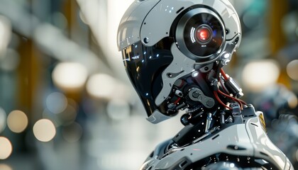 Fototapeta premium Advanced Humanoid Robot Exhibiting Bionic Technology, Artificial Intelligence Capabilities, Futuristic Scene