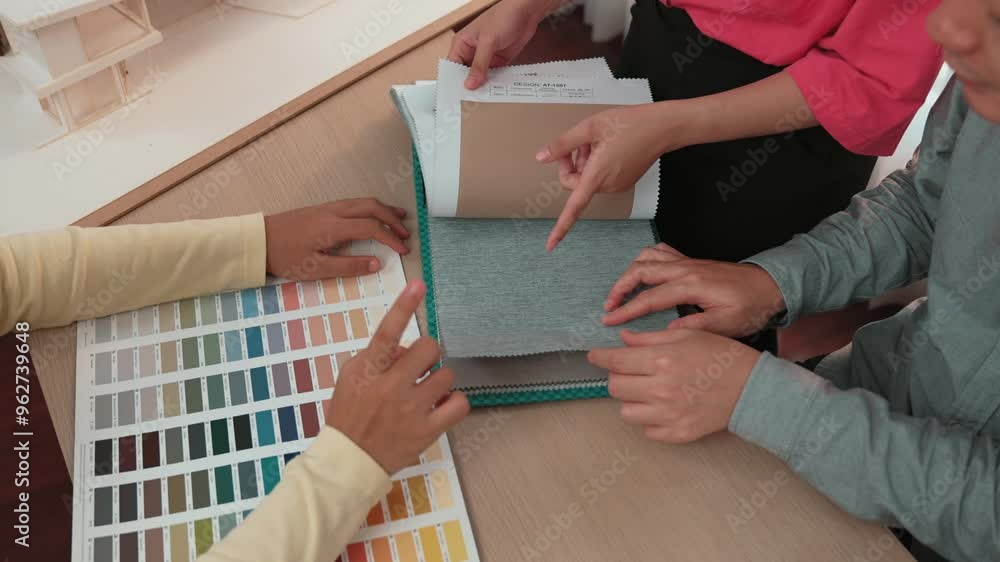 Poster slow motion hand closeup architect and interior designer presenting textile material and color from 