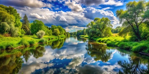 Tranquil River Flowing Through Lush Greenery, With Reflections Of Trees And Clouds On The Water'S Surface.