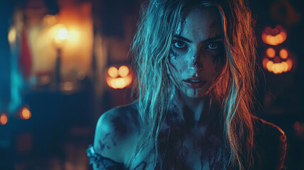 Naklejka premium A young woman with a bloody face stares intensely at the camera, lit by an eerie blue light.