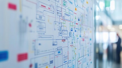 Detailed shot of a whiteboard filled with IT system architecture diagrams, professionals analyzing it, IT strategy, network assessment