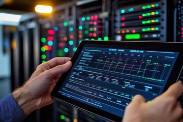 Detailed view of a system health report on a tablet, hands adjusting server racks in the background, IT infrastructure assessment, server evaluation