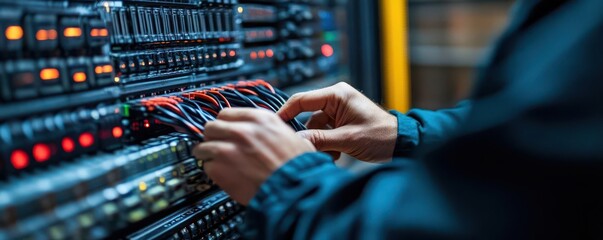 Hands adjusting server cables, IT technician assessing network infrastructure, hardware assessment, system evaluation