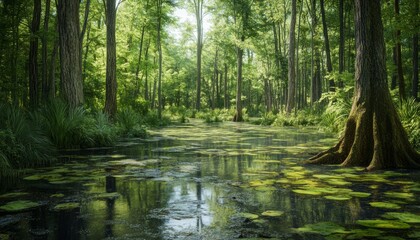 Photorealistic View of a Tranquil Swamp with Reflections on the Water