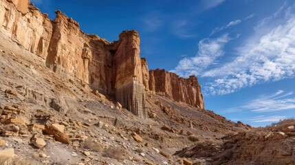 Fototapeta premium A stunning landscape featuring towering rock formations under a blue sky with scattered clouds.