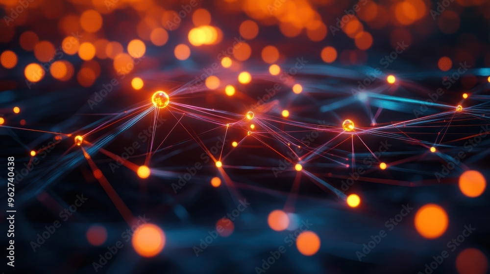 Poster digital representation of global network connections with glowing nodes