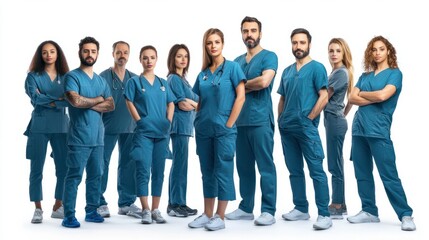 Fototapeta premium Diverse group of confident team surgeon leading a medical team standing posing together, isolated on white background, png
