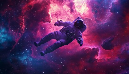 Naklejka premium Astronaut in Space Suit Floating in Outer Space with Stars Nebula