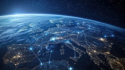 Obraz premium European telecommunication and data transfer networks with global internet connectivity for communication technology. Includes IoT, finance, business, blockchain, and security.