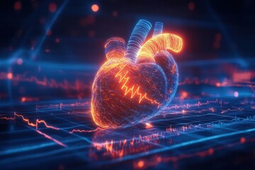 Futuristic heart rhythm monitoring, holographic ECG waves, glowing abnormal pulse, AI-driven diagnostics