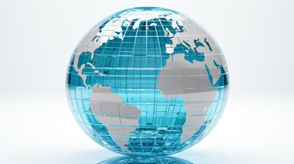 Blue glass globe surrounded by data blocks and tech elements illustrating global network concept