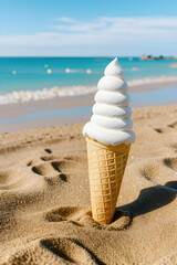 An ice cream cone standing on beach