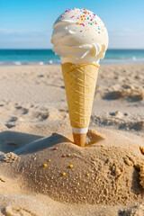 An ice cream cone standing on beach