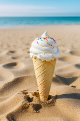 An ice cream cone standing on beach